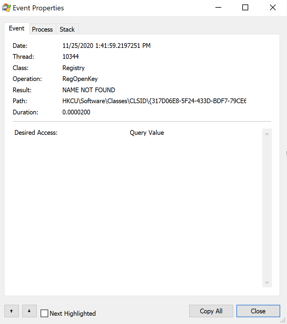 Procmon event properties window