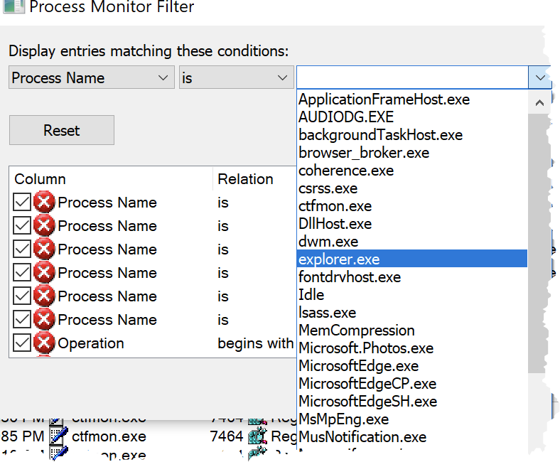 Process Name in Process Monitor Filter