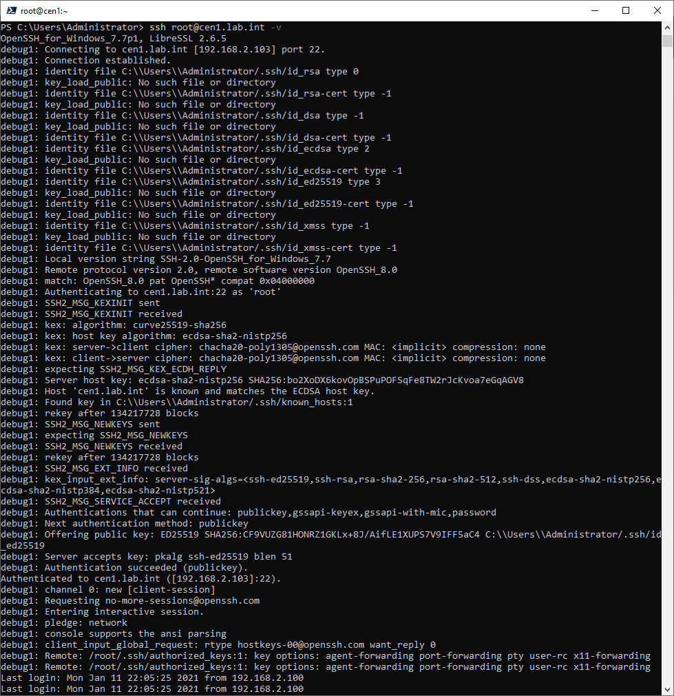 Example of connecting from Linux to Windows using the -v switch